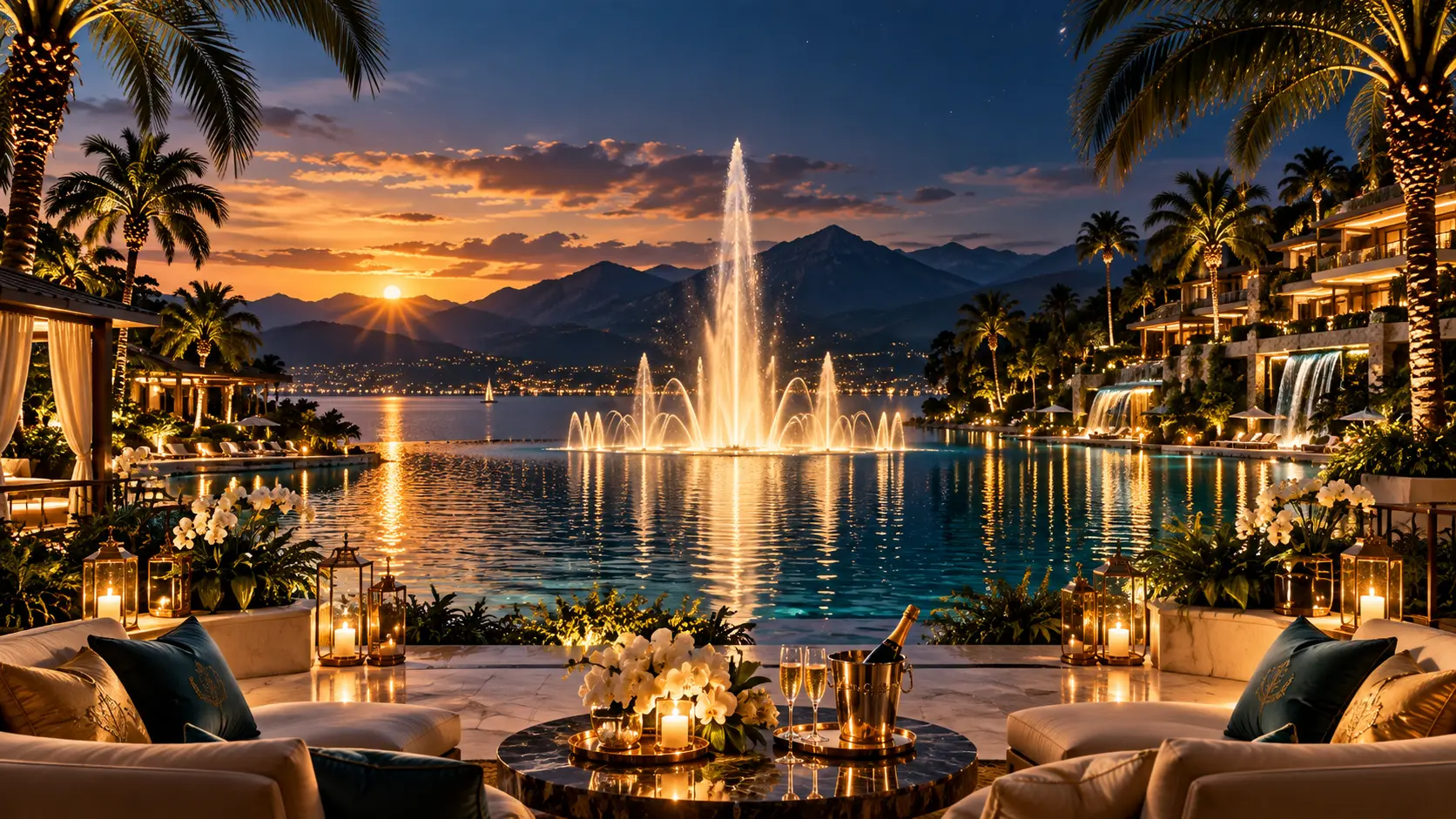 Resort IMPERIUM ao pôr do sol, com fonte e piscina iluminadas