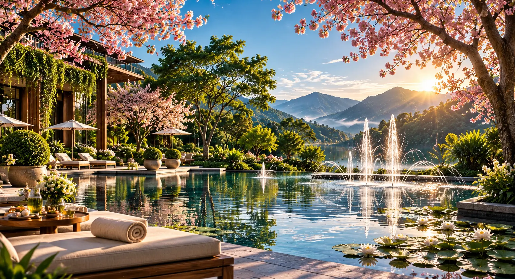 Manhã junto à natureza, com piscina e paisagem de montanhas