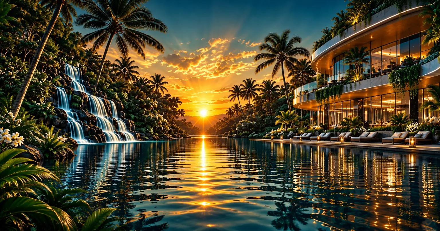 Paisagem tropical do IMPERIUM com cascatas, pôr do sol sobre a água e arquitetura integrada à natureza